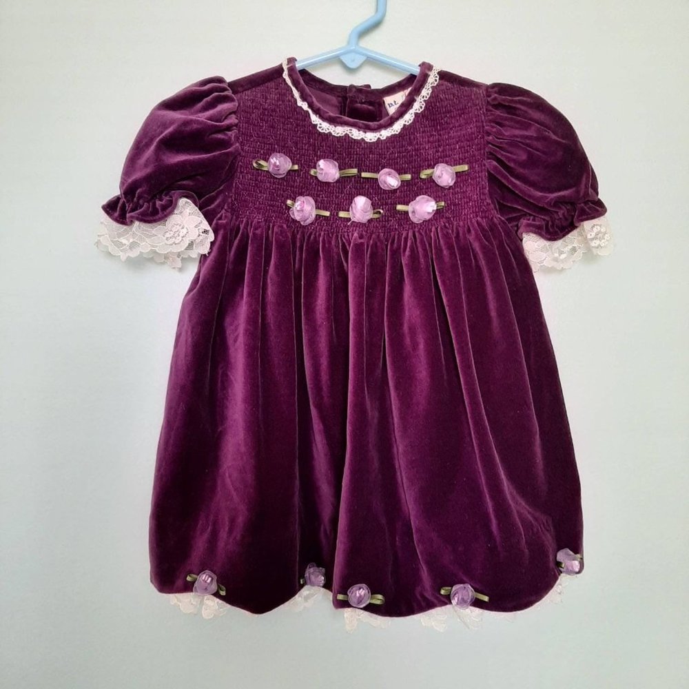 Vtg 90s Smocked Purple Velvet Cottagecore Baby Dress with Rosettes, 24 mo